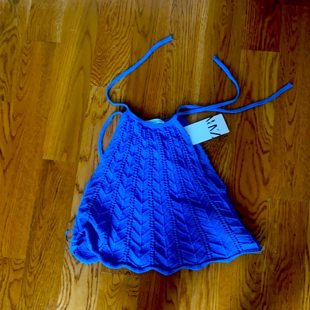 ZARA crochet blue tie top
